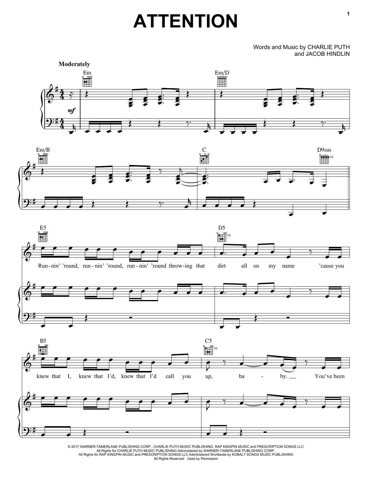 Pentatonix Attention Sheet Music Notes & Chords for Piano, Vocal & Guitar (Right-Hand Melody) - Download or Print PDF