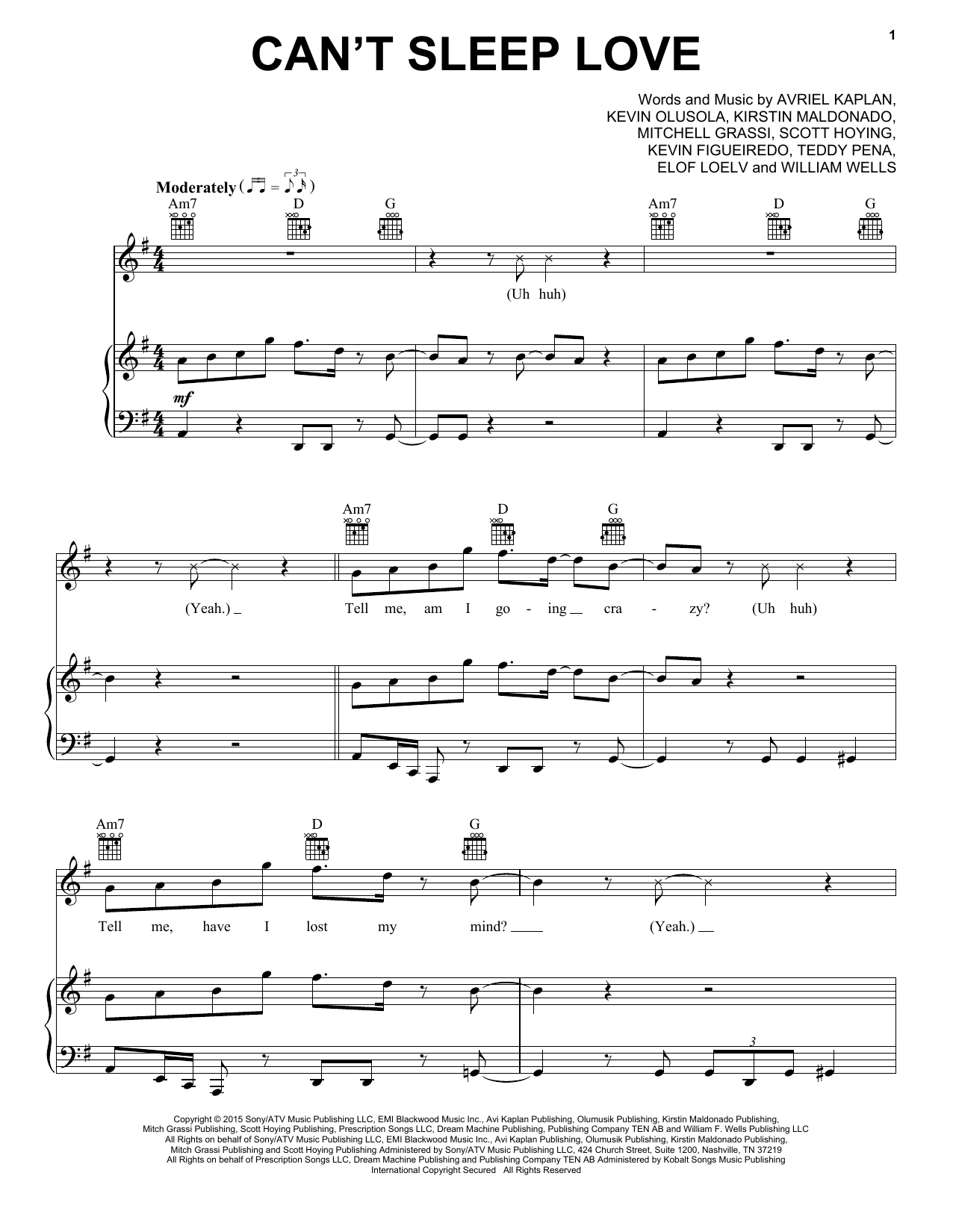 Pentatonix Can't Sleep Love Sheet Music Notes & Chords for Piano, Vocal & Guitar (Right-Hand Melody) - Download or Print PDF