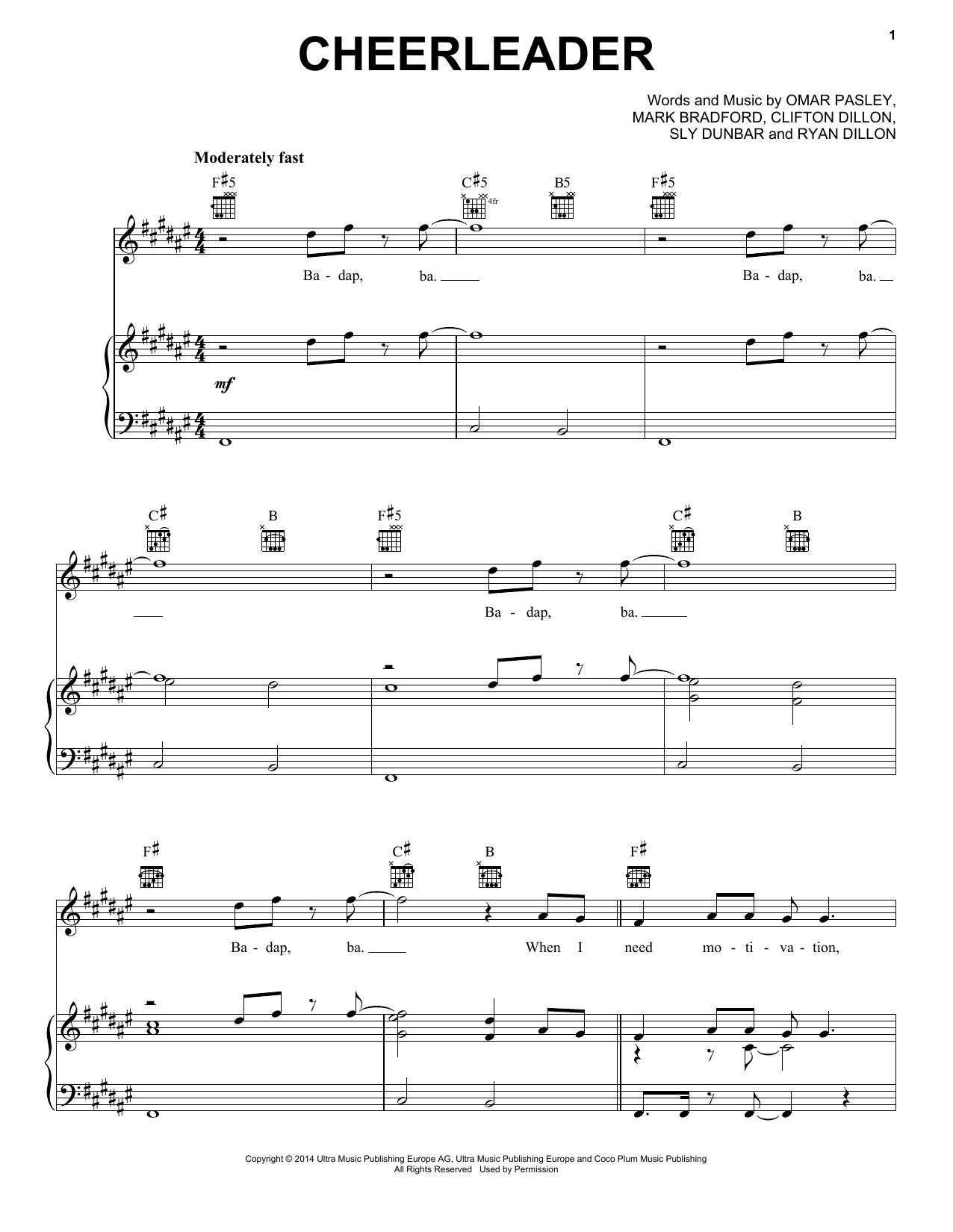 Pentatonix Cheerleader Sheet Music Notes & Chords for Piano, Vocal & Guitar (Right-Hand Melody) - Download or Print PDF