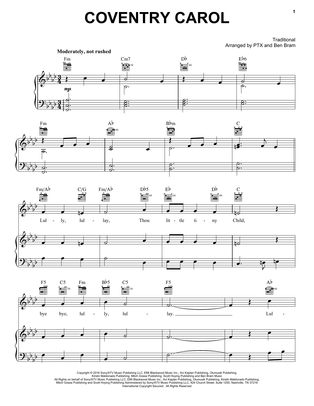 Pentatonix Coventry Carol Sheet Music Notes & Chords for Piano, Vocal & Guitar (Right-Hand Melody) - Download or Print PDF