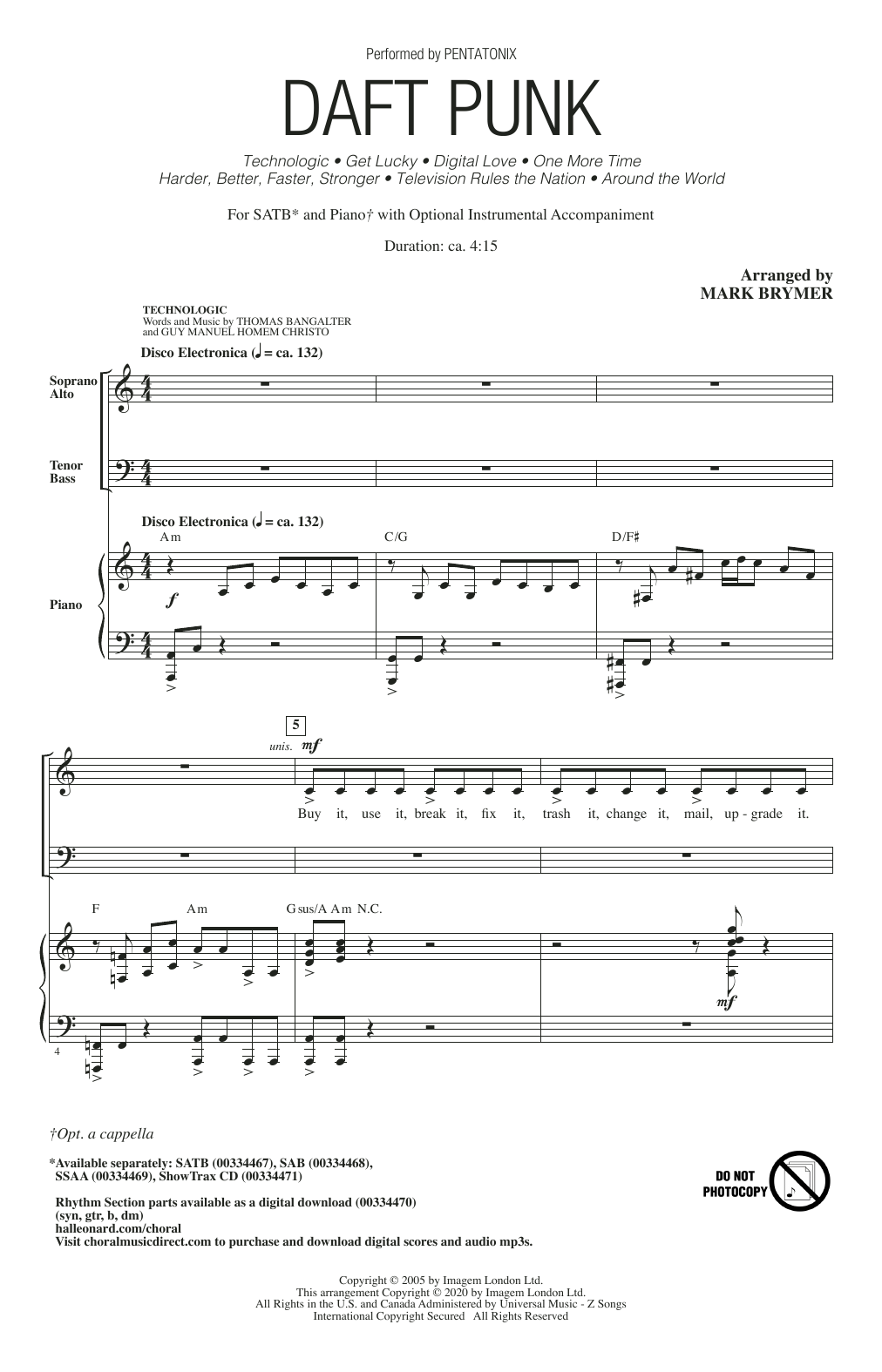 Pentatonix Daft Punk (Choral Medley) (arr. Mark Brymer) Sheet Music Notes & Chords for SAB Choir - Download or Print PDF