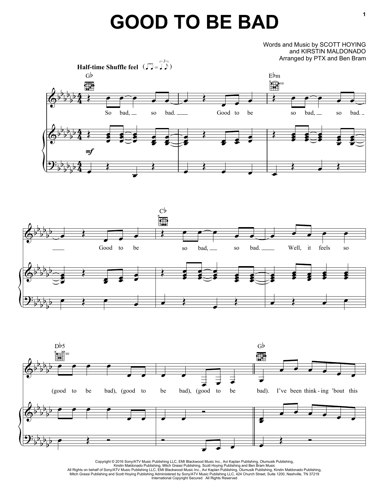 Pentatonix Good To Be Bad Sheet Music Notes & Chords for Piano, Vocal & Guitar (Right-Hand Melody) - Download or Print PDF