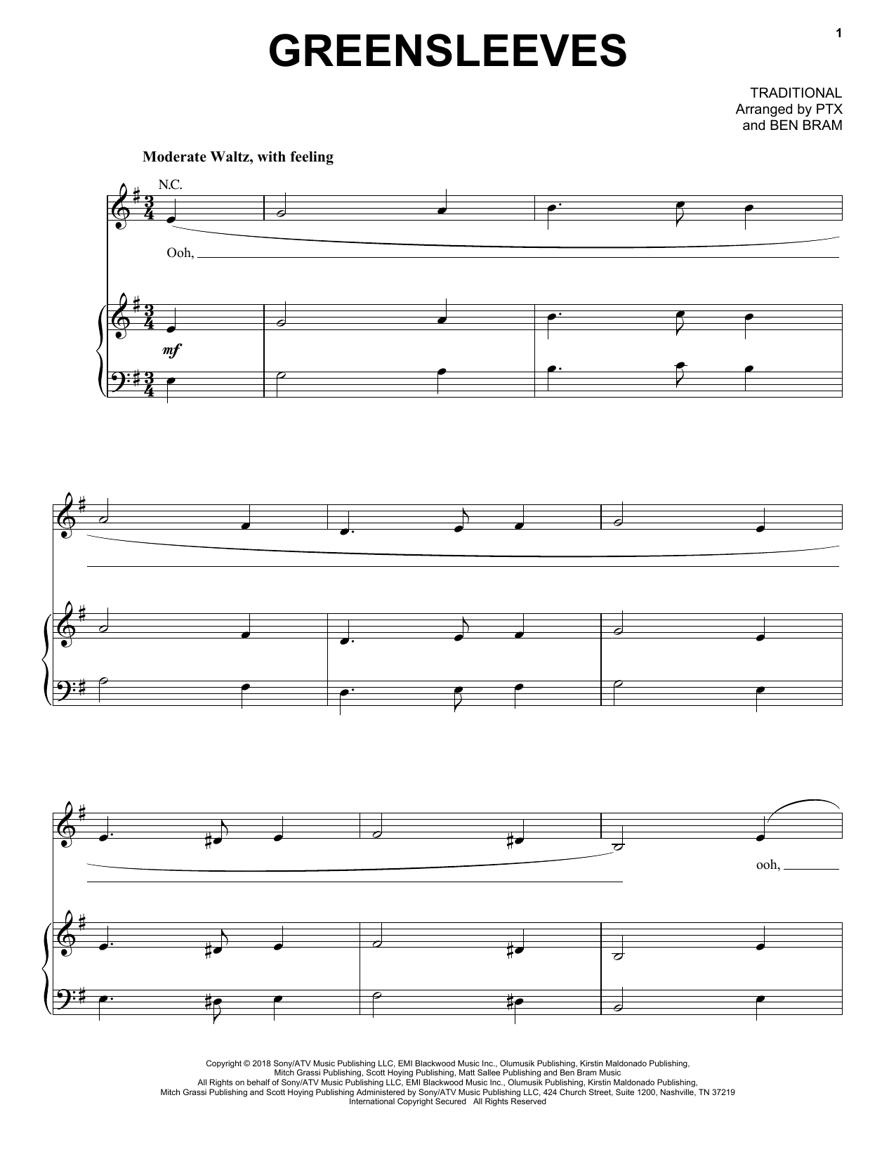 Pentatonix Greensleeves Sheet Music Notes & Chords for Piano, Vocal & Guitar (Right-Hand Melody) - Download or Print PDF