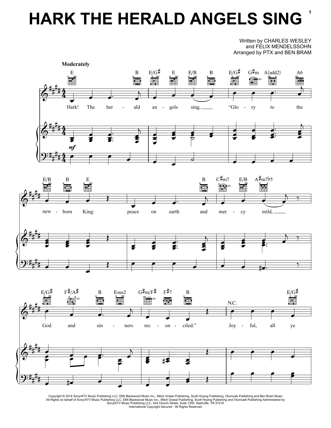 Pentatonix Hark! The Herald Angels Sing Sheet Music Notes & Chords for Piano, Vocal & Guitar (Right-Hand Melody) - Download or Print PDF