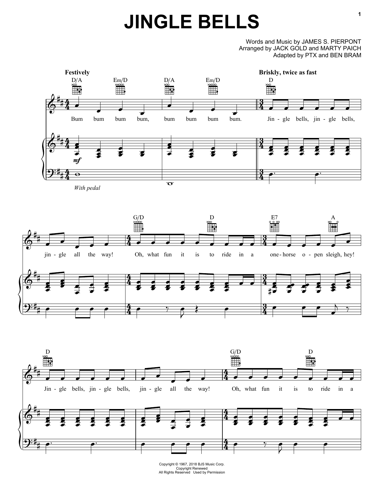 Pentatonix Jingle Bells Sheet Music Notes & Chords for Piano, Vocal & Guitar (Right-Hand Melody) - Download or Print PDF