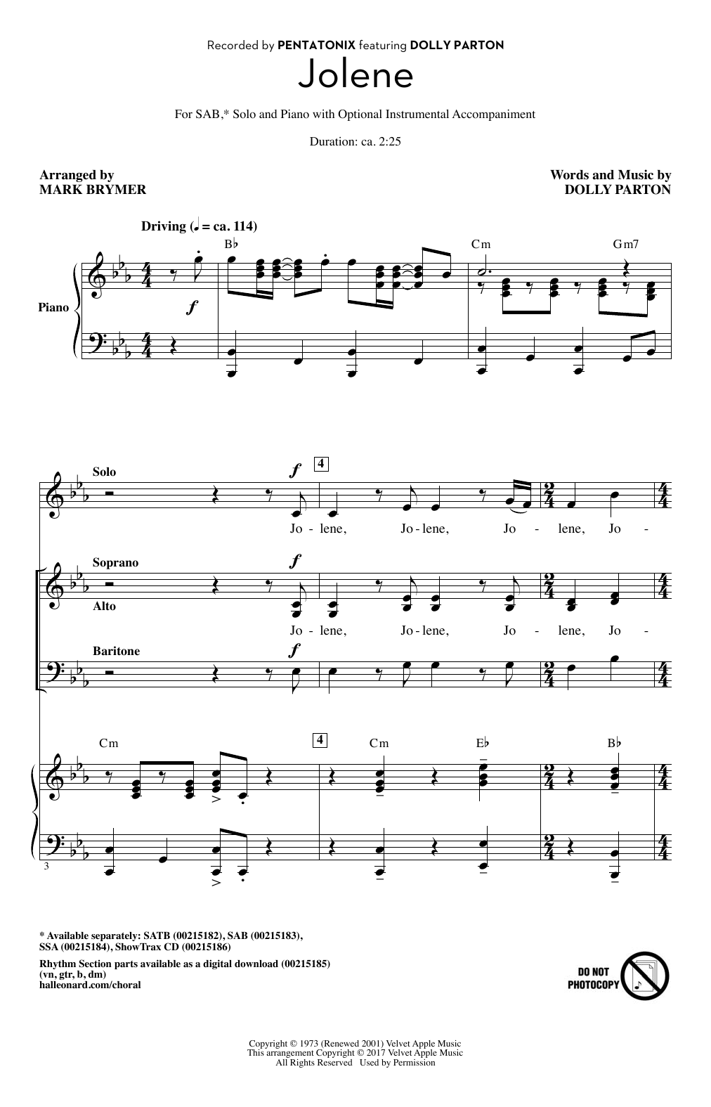 Pentatonix Jolene (feat. Dolly Parton) (arr. Mark Brymer) Sheet Music Notes & Chords for SSA - Download or Print PDF