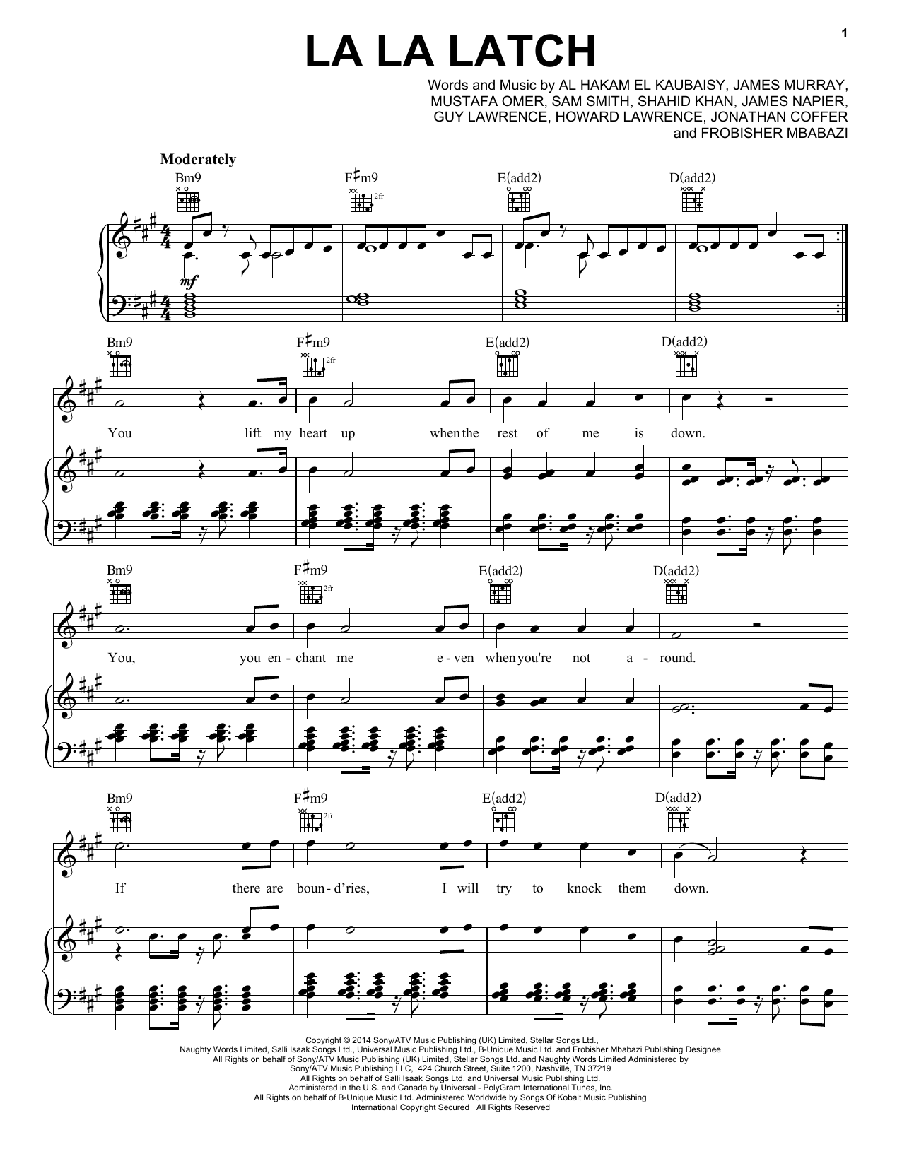 Pentatonix La La Latch Sheet Music Notes & Chords for Piano, Vocal & Guitar (Right-Hand Melody) - Download or Print PDF
