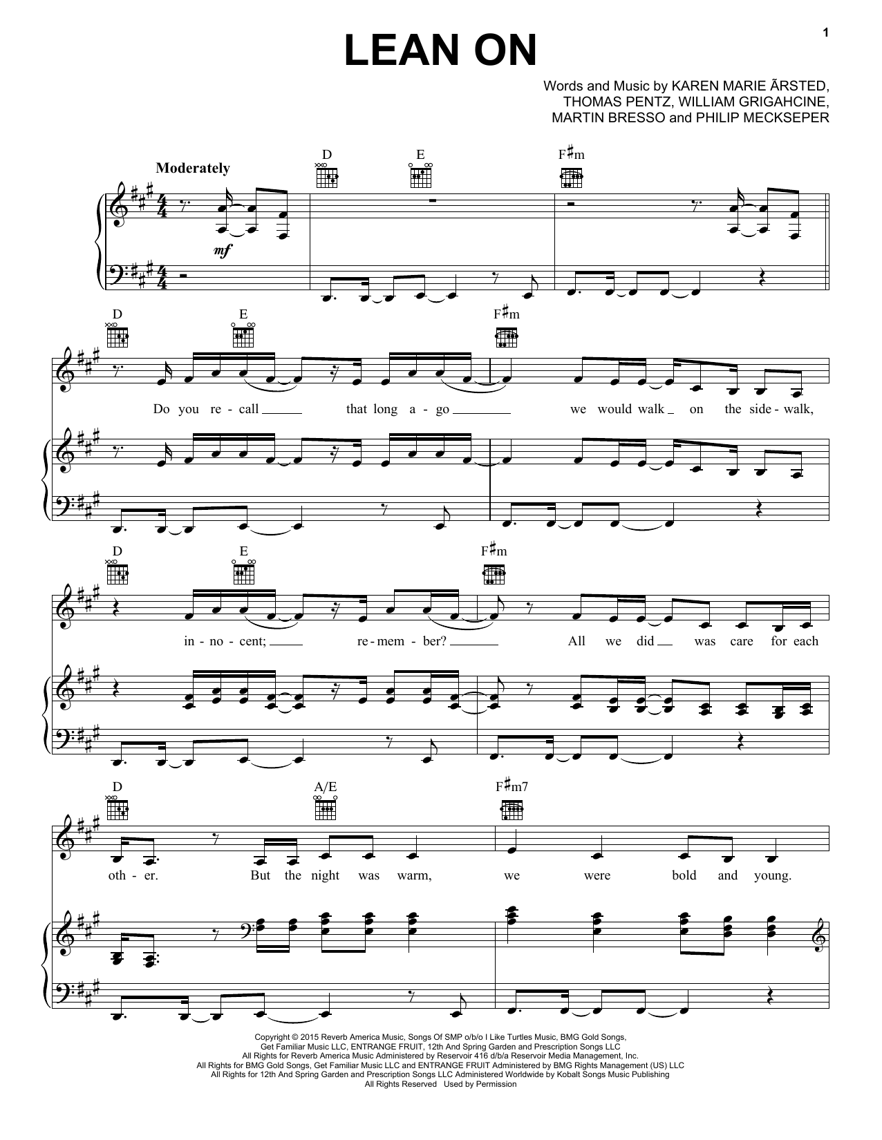 Pentatonix Lean On Sheet Music Notes & Chords for Piano, Vocal & Guitar (Right-Hand Melody) - Download or Print PDF