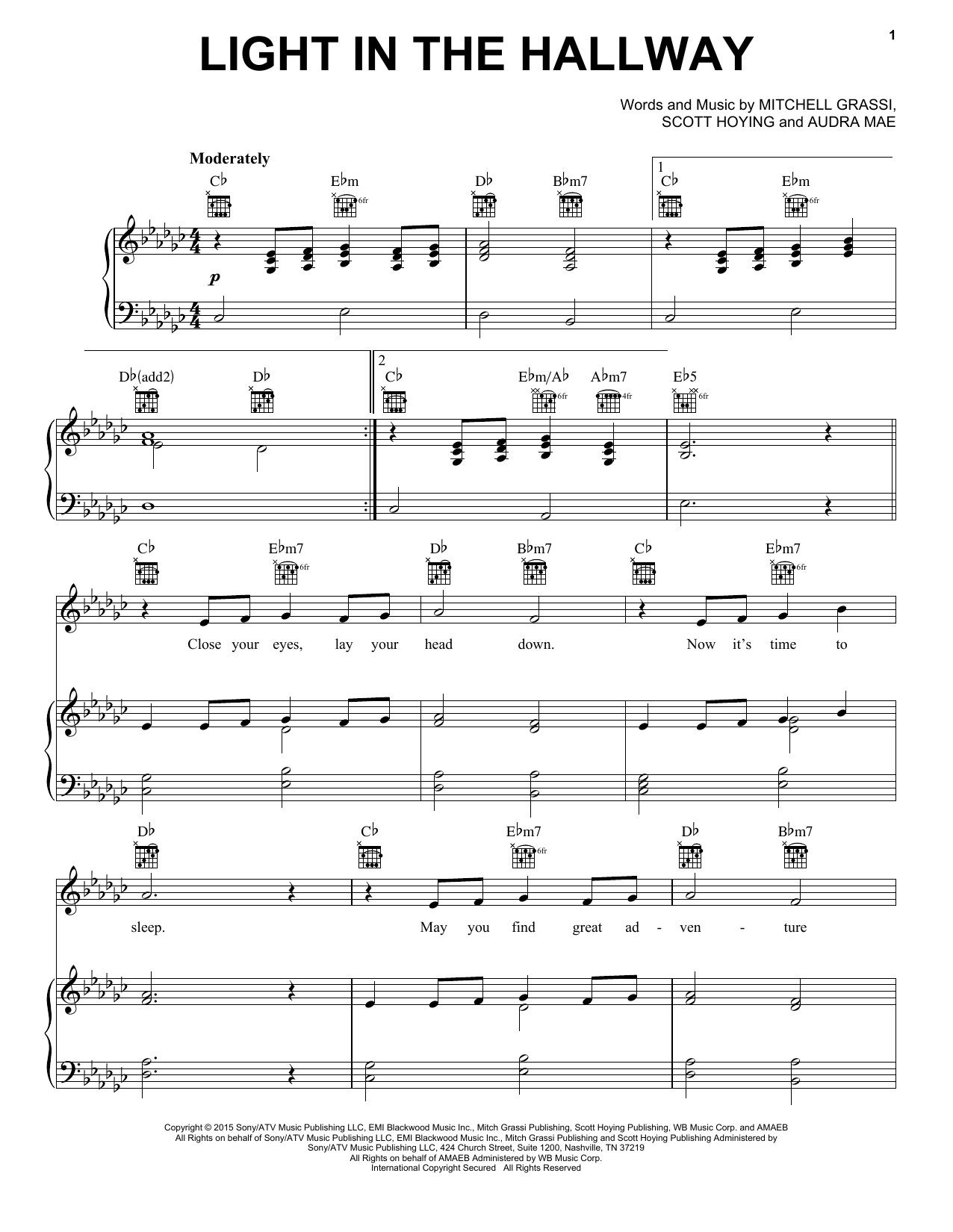 Pentatonix Light In The Hallway Sheet Music Notes & Chords for Piano, Vocal & Guitar (Right-Hand Melody) - Download or Print PDF