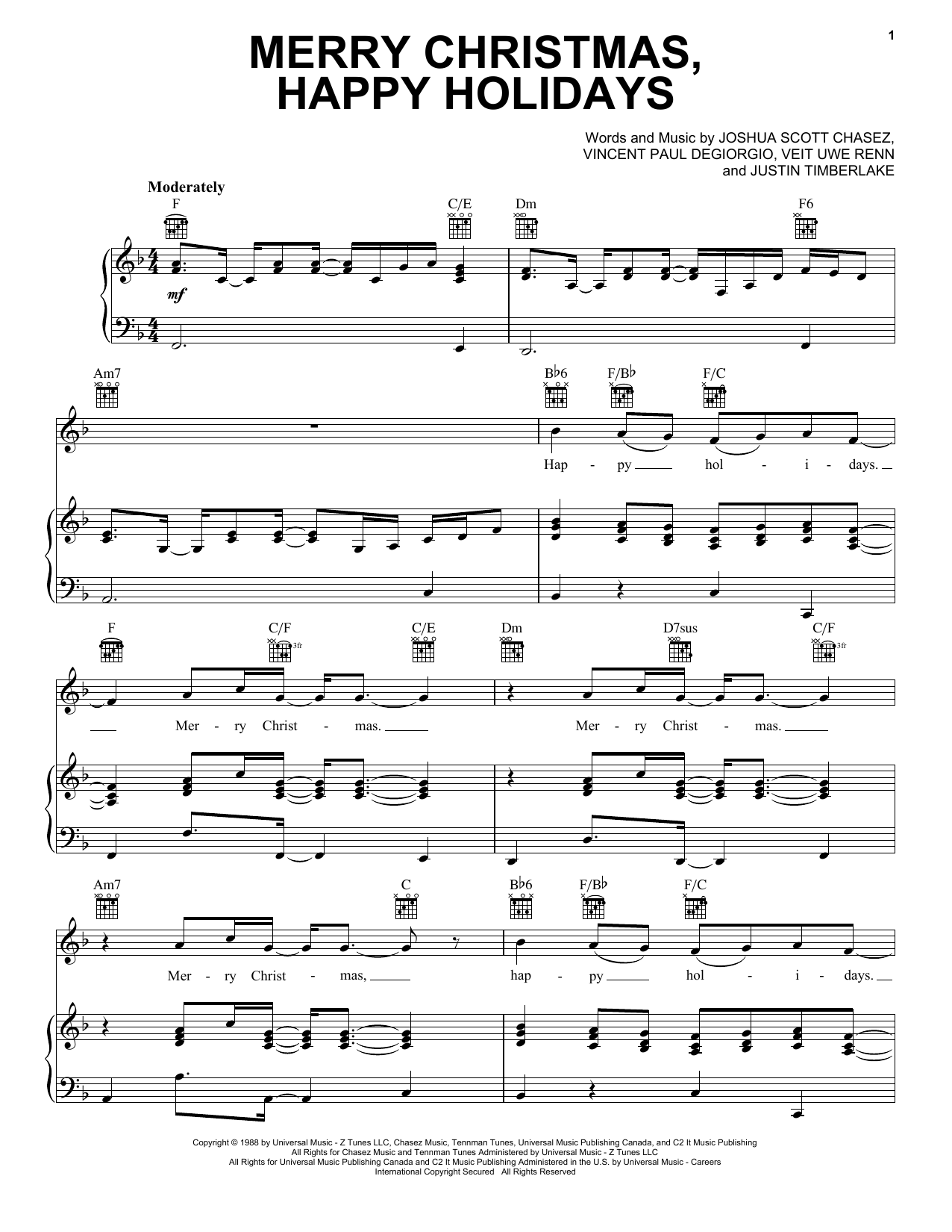 Pentatonix Merry Christmas, Happy Holidays Sheet Music Notes & Chords for Piano, Vocal & Guitar (Right-Hand Melody) - Download or Print PDF