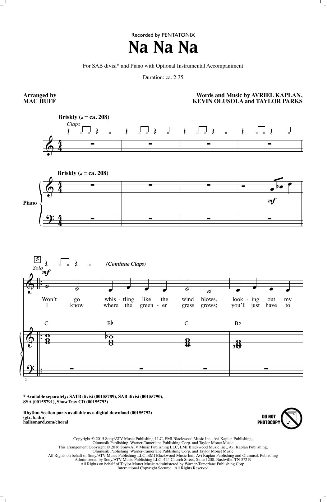 Pentatonix Na Na Na (arr. Mac Huff) Sheet Music Notes & Chords for SAB - Download or Print PDF