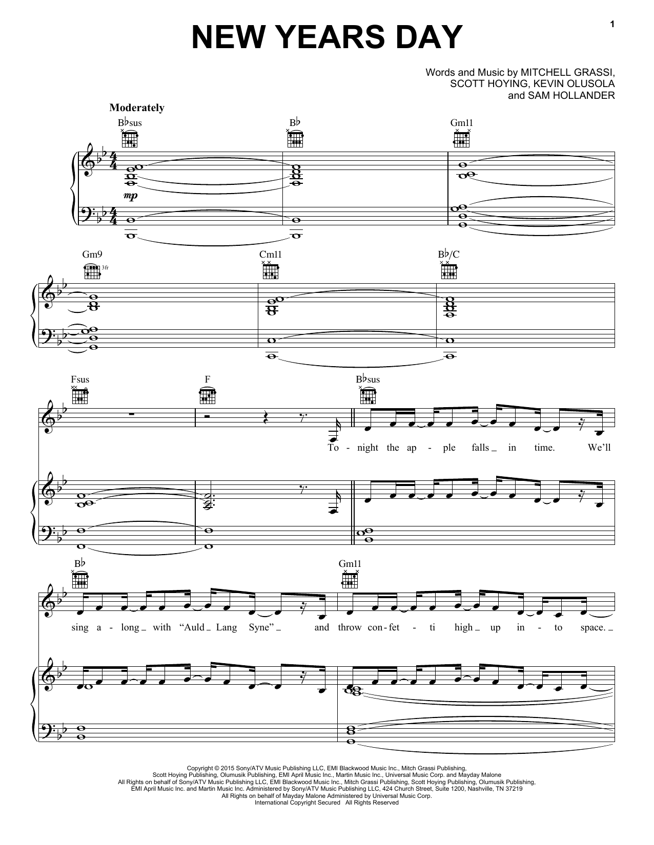 Pentatonix New Years Day Sheet Music Notes & Chords for Piano, Vocal & Guitar (Right-Hand Melody) - Download or Print PDF