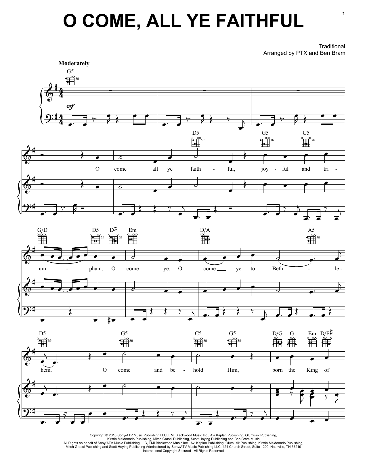 Pentatonix O Come, All Ye Faithful Sheet Music Notes & Chords for Piano, Vocal & Guitar (Right-Hand Melody) - Download or Print PDF