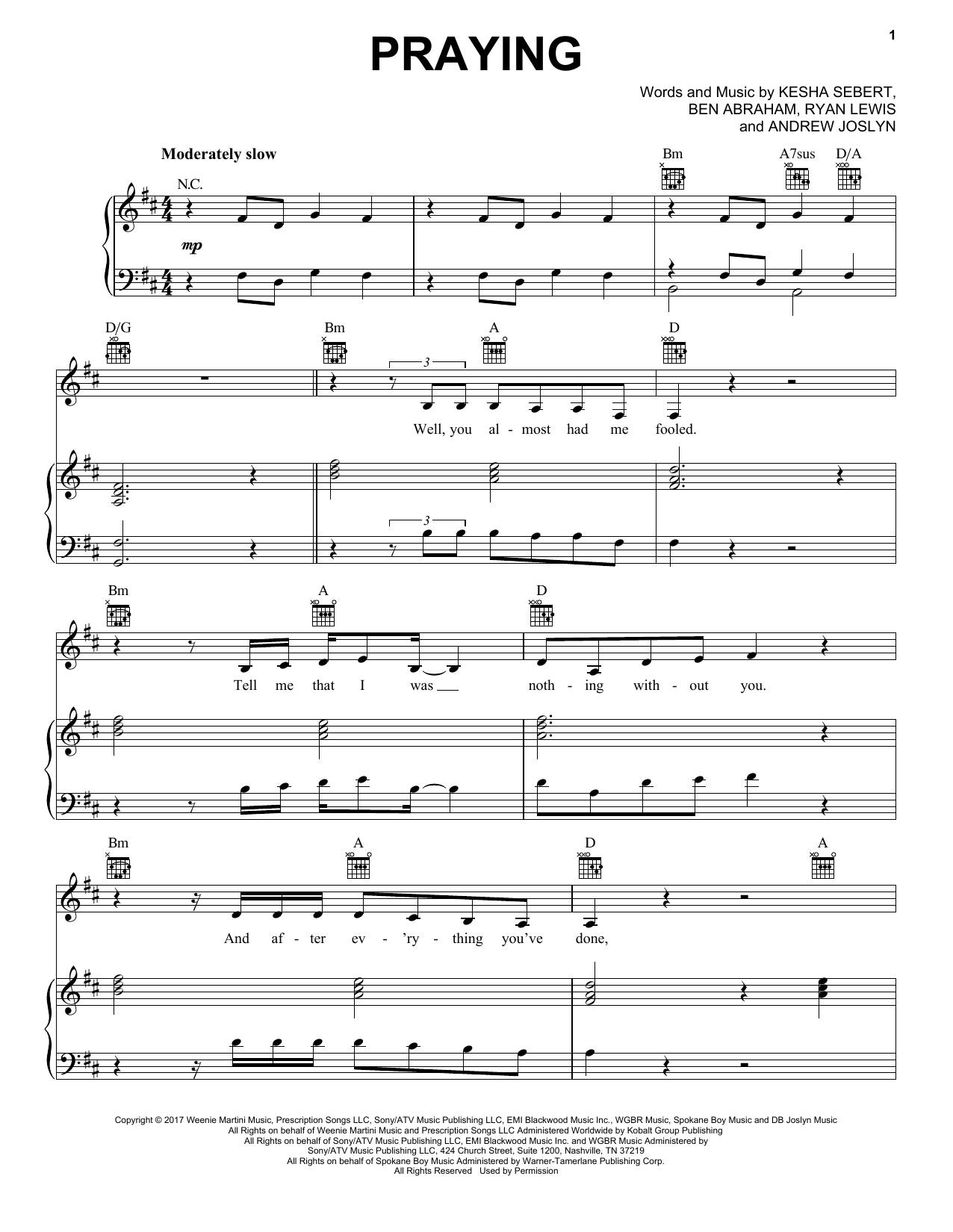 Pentatonix Praying Sheet Music Notes & Chords for Piano, Vocal & Guitar (Right-Hand Melody) - Download or Print PDF