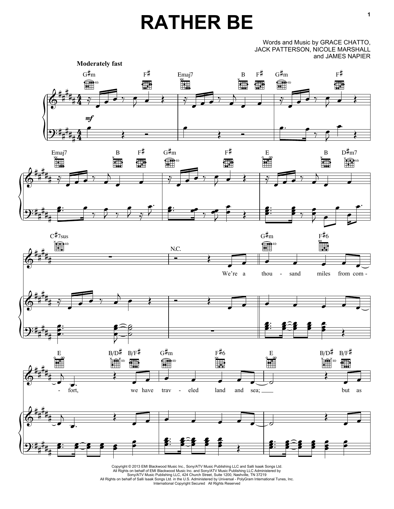 Pentatonix Rather Be Sheet Music Notes & Chords for Piano, Vocal & Guitar (Right-Hand Melody) - Download or Print PDF