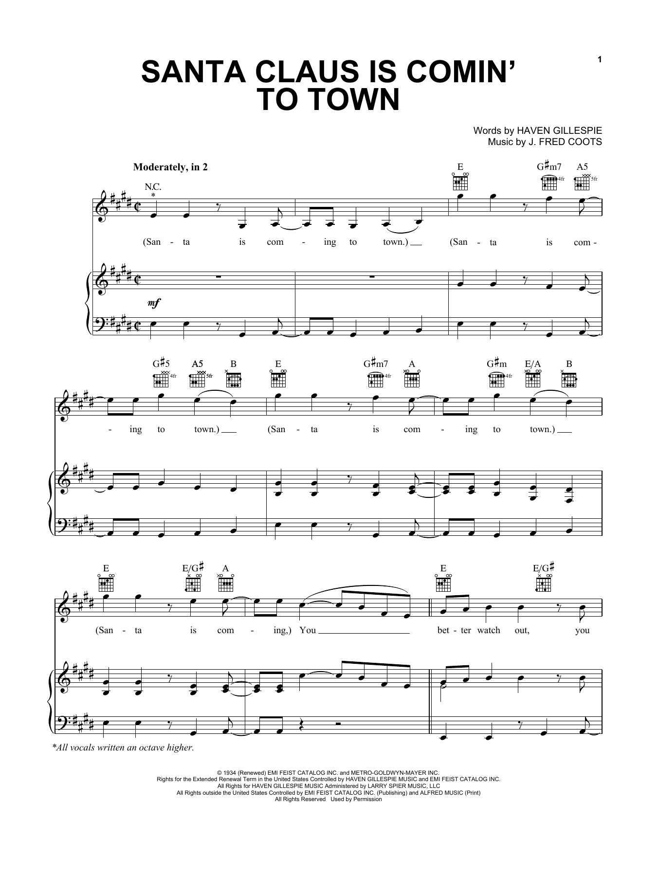 Pentatonix Santa Claus Is Comin' To Town Sheet Music Notes & Chords for Piano, Vocal & Guitar (Right-Hand Melody) - Download or Print PDF