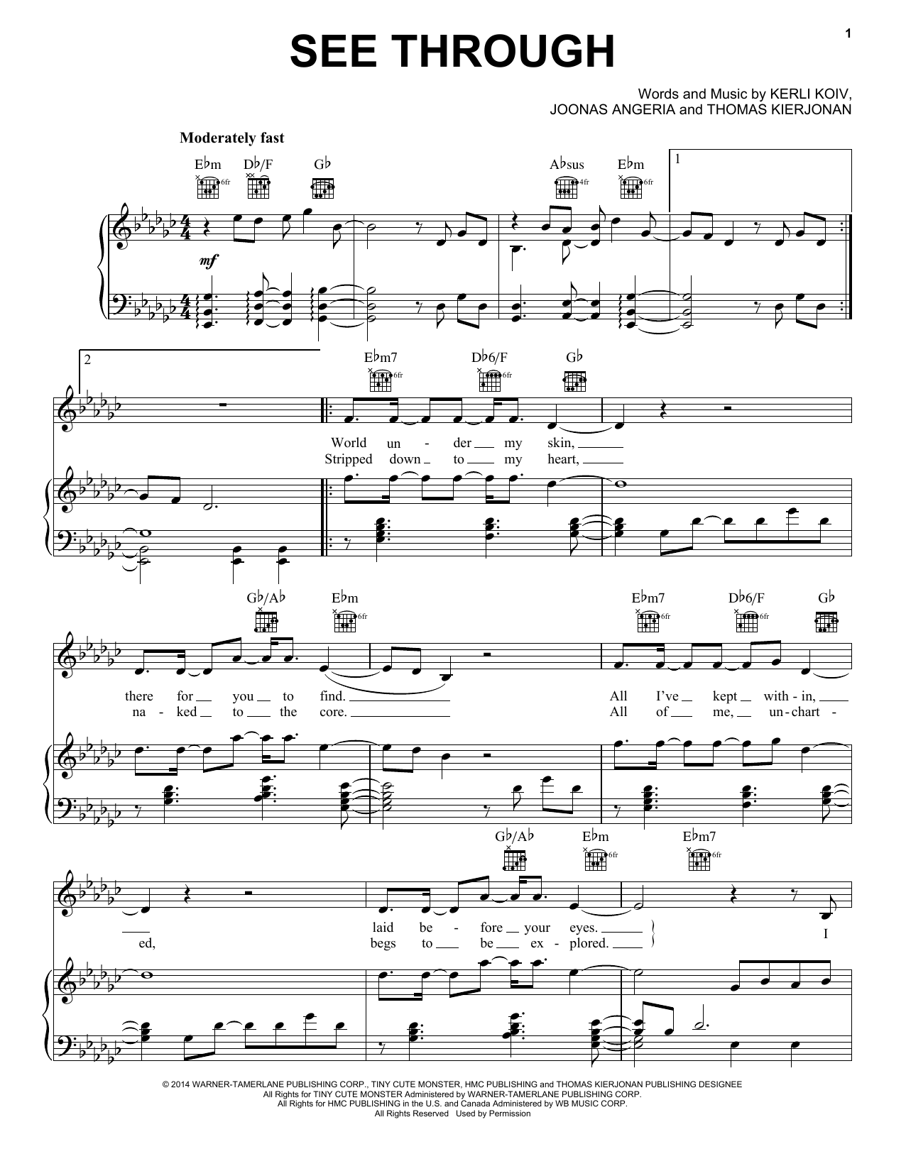 Pentatonix See Through Sheet Music Notes & Chords for Piano, Vocal & Guitar (Right-Hand Melody) - Download or Print PDF