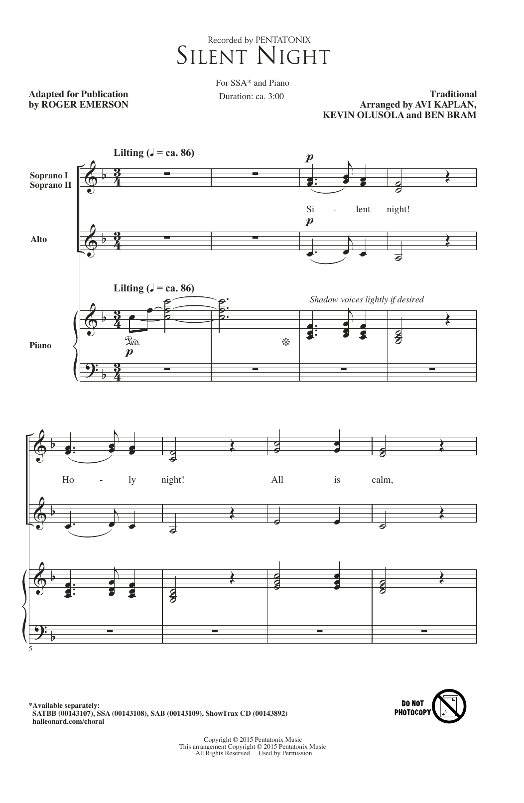 Pentatonix Silent Night (adapt. Roger Emerson) Sheet Music Notes & Chords for SSA - Download or Print PDF