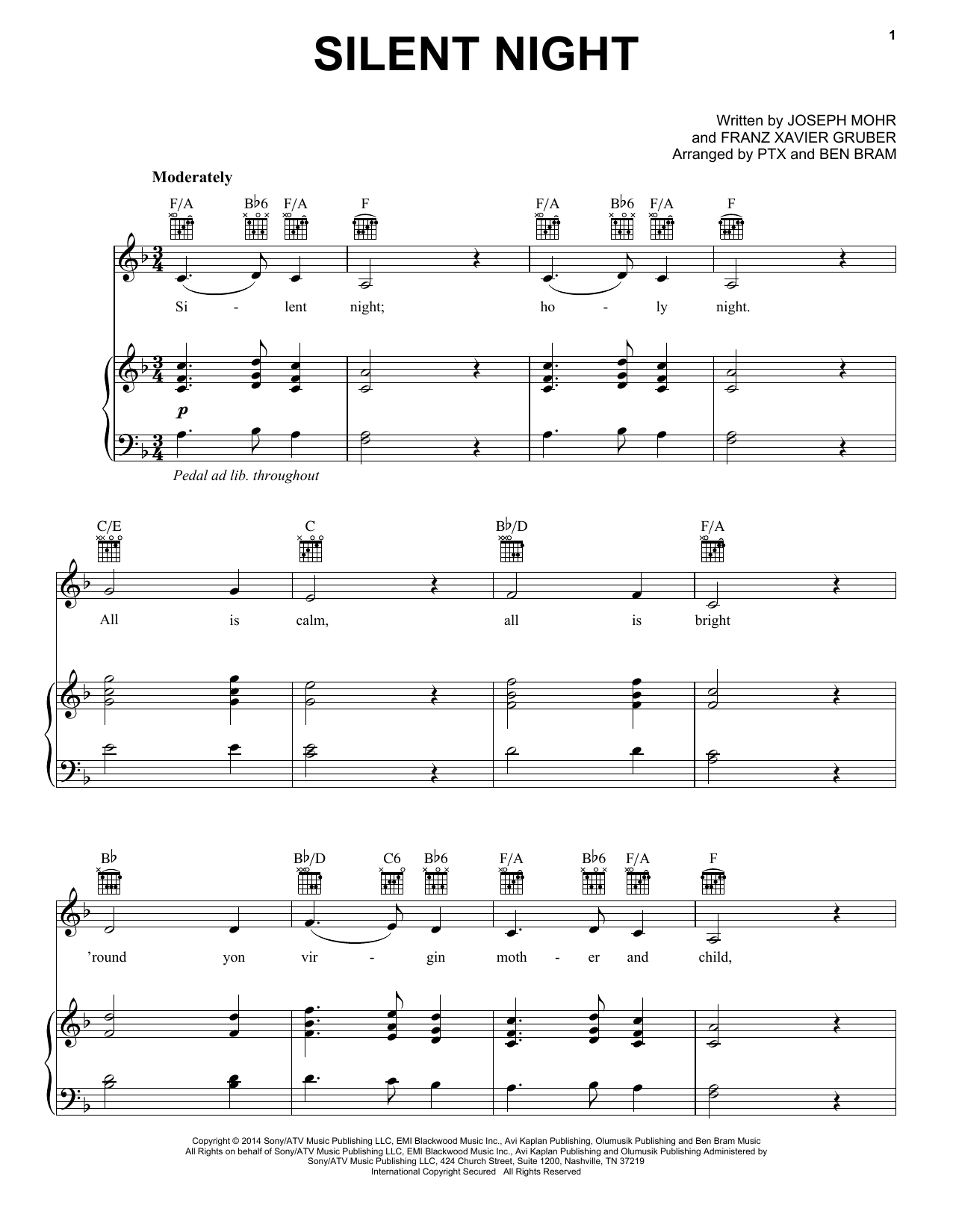 Pentatonix Silent Night Sheet Music Notes & Chords for Piano, Vocal & Guitar (Right-Hand Melody) - Download or Print PDF