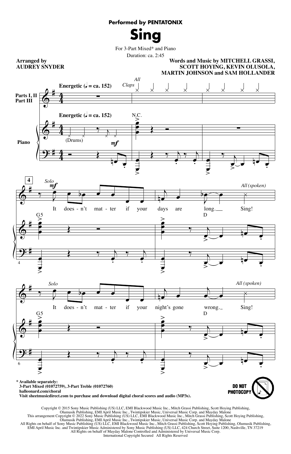 Pentatonix Sing (arr. Audrey Snyder) Sheet Music Notes & Chords for 3-Part Mixed Choir - Download or Print PDF