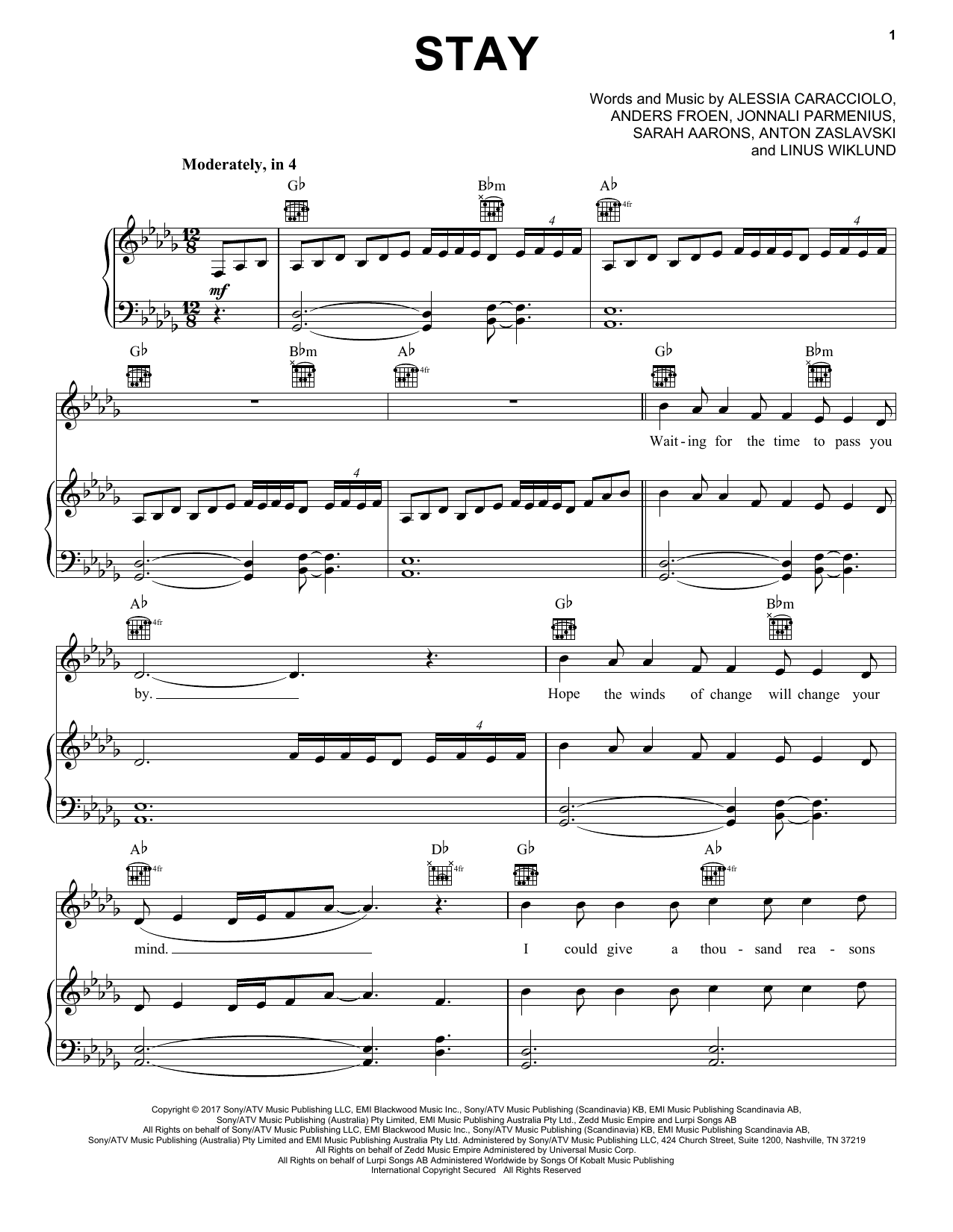 Pentatonix Stay Sheet Music Notes & Chords for Piano, Vocal & Guitar (Right-Hand Melody) - Download or Print PDF