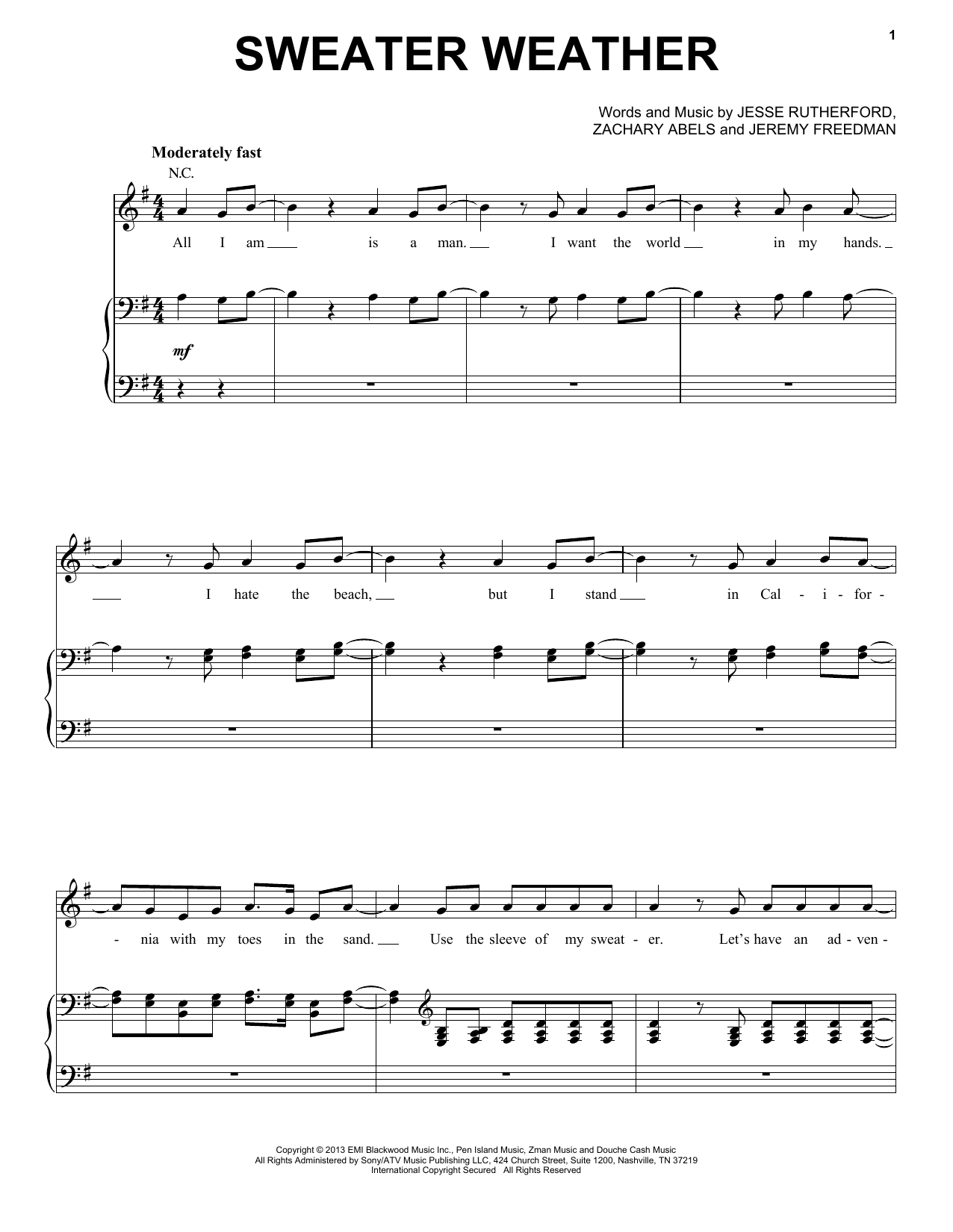 Pentatonix Sweater Weather Sheet Music Notes & Chords for Piano, Vocal & Guitar (Right-Hand Melody) - Download or Print PDF