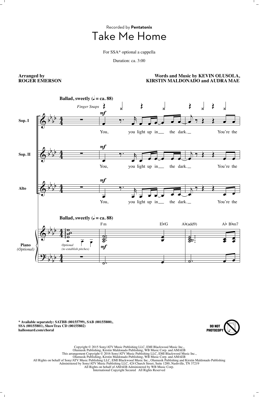 Pentatonix Take Me Home (arr. Roger Emerson) Sheet Music Notes & Chords for Choral - Download or Print PDF