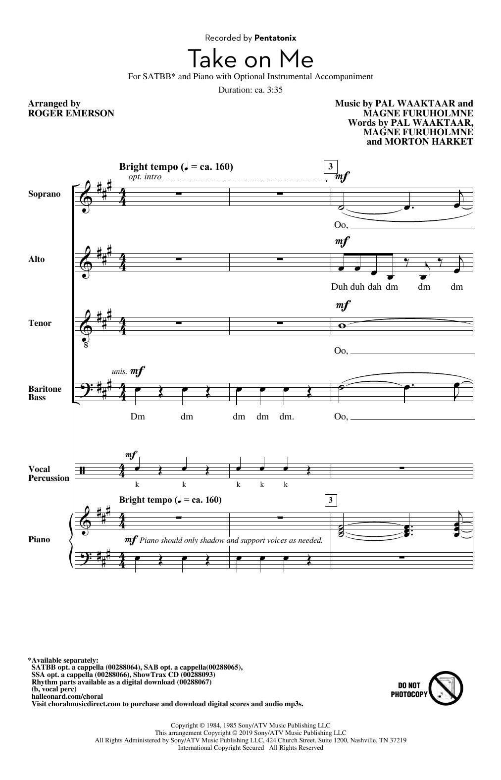 Pentatonix Take On Me (arr. Roger Emerson) Sheet Music Notes & Chords for SSA Choir - Download or Print PDF