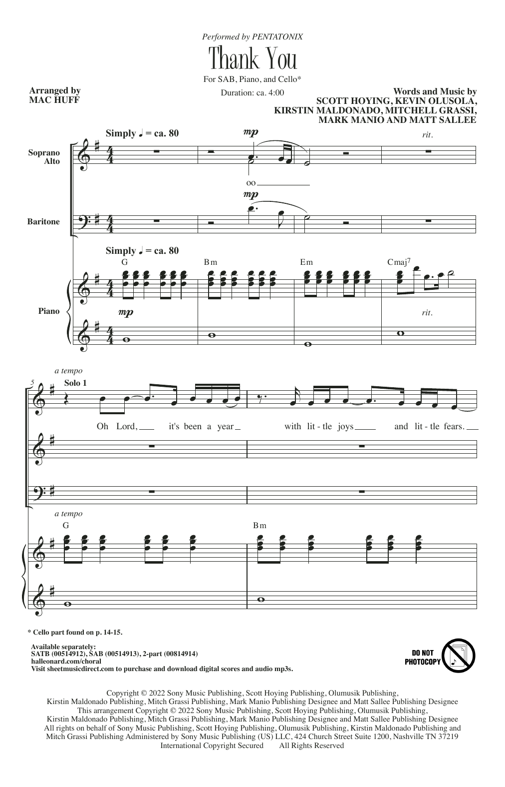 Pentatonix Thank You (arr. Mac Huff) Sheet Music Notes & Chords for SATB Choir - Download or Print PDF