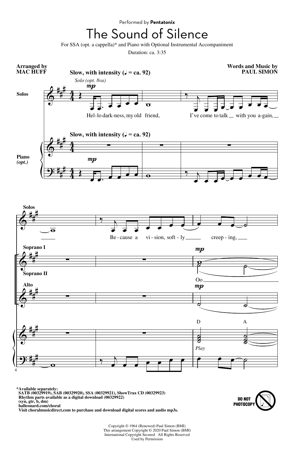 Pentatonix The Sound Of Silence (arr. Mac Huff) Sheet Music Notes & Chords for SSA Choir - Download or Print PDF