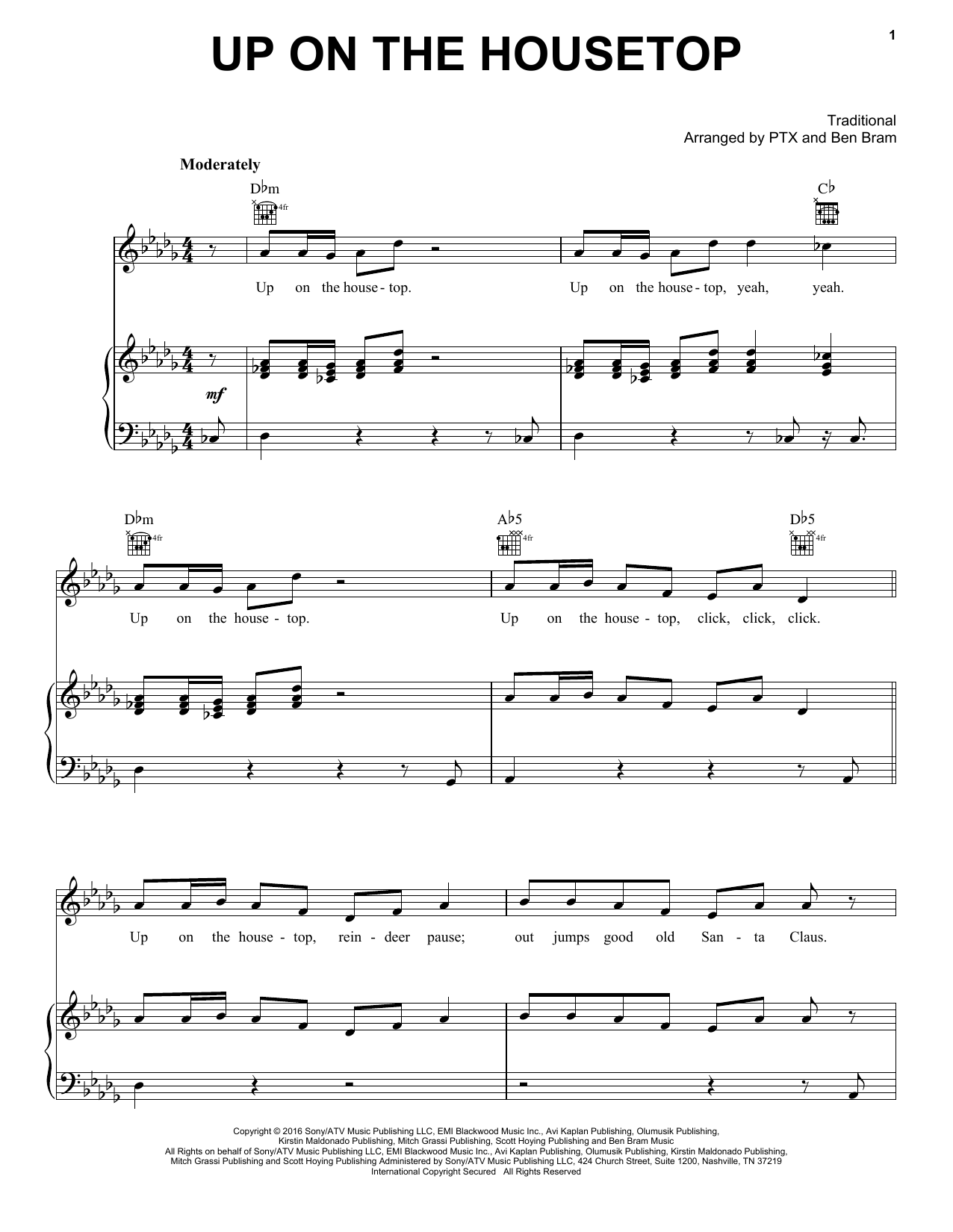 Pentatonix Up On The Housetop Sheet Music Notes & Chords for Piano, Vocal & Guitar (Right-Hand Melody) - Download or Print PDF