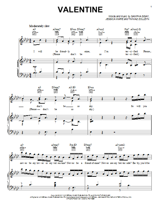 Pentatonix Valentine Sheet Music Notes & Chords for Piano, Vocal & Guitar (Right-Hand Melody) - Download or Print PDF