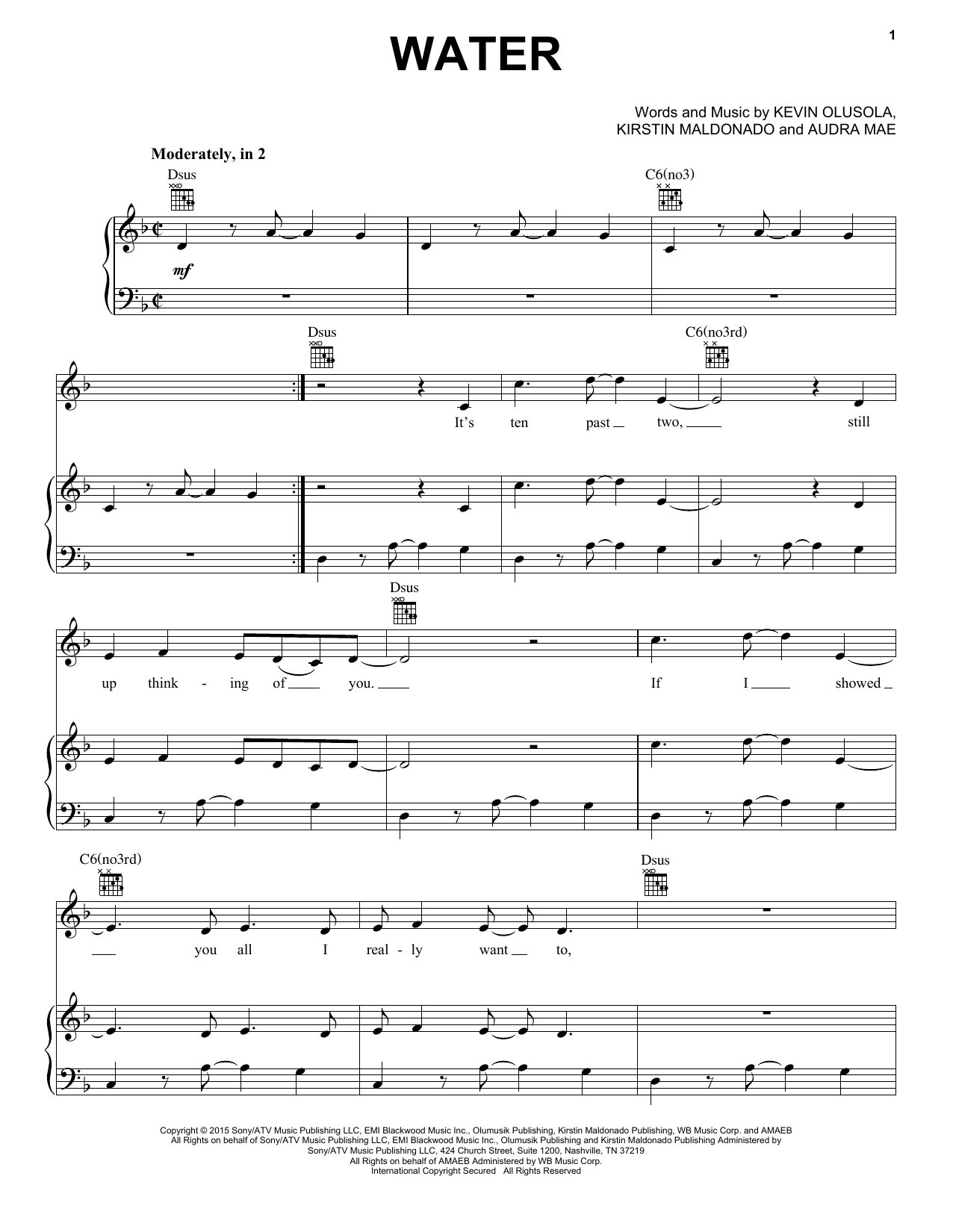 Pentatonix Water Sheet Music Notes & Chords for Piano, Vocal & Guitar (Right-Hand Melody) - Download or Print PDF