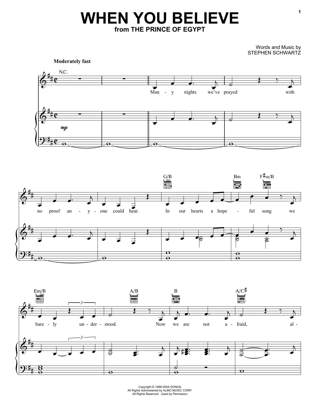 Pentatonix When You Believe (from The Prince Of Egypt) Sheet Music Notes & Chords for Piano, Vocal & Guitar (Right-Hand Melody) - Download or Print PDF