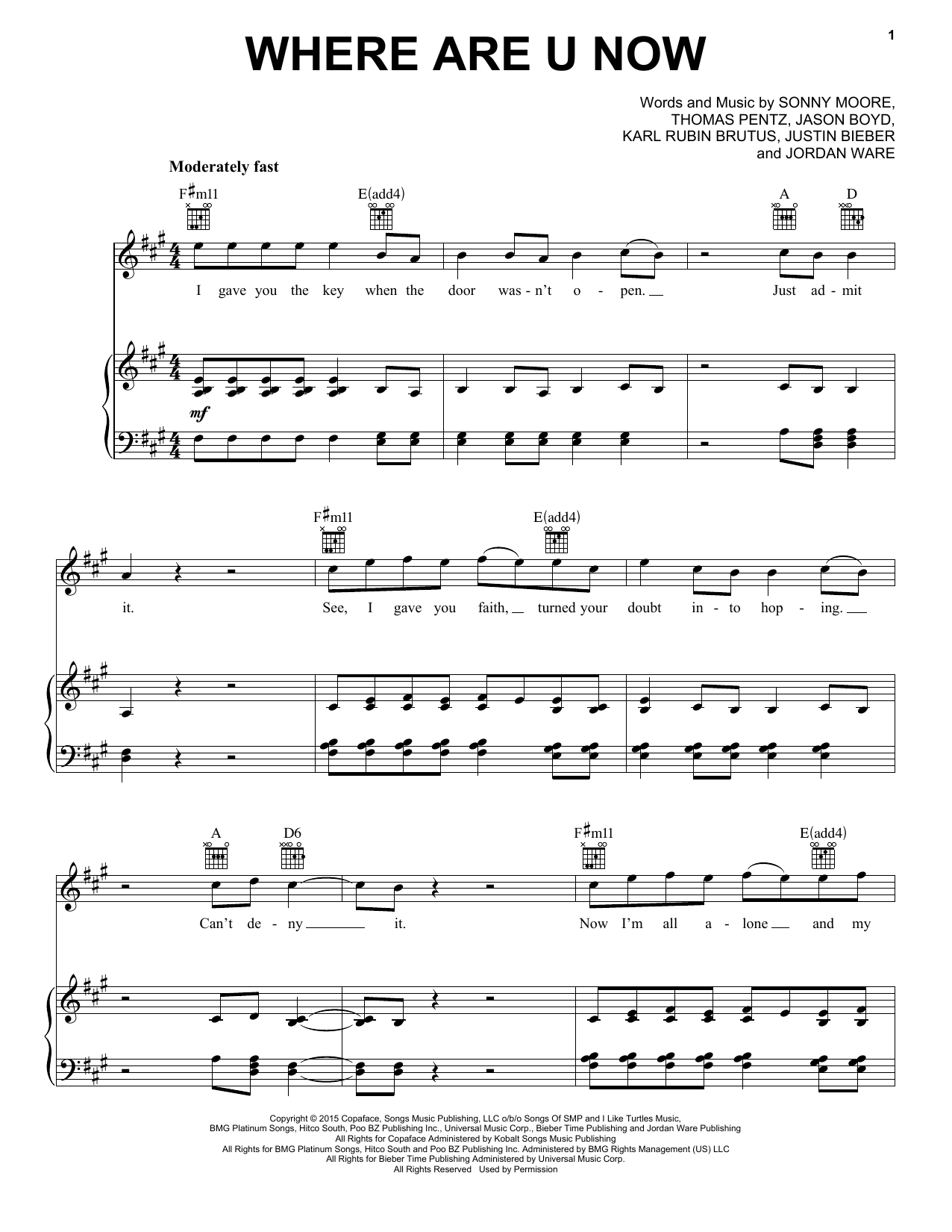 Pentatonix Where Are U Now Sheet Music Notes & Chords for Piano, Vocal & Guitar (Right-Hand Melody) - Download or Print PDF