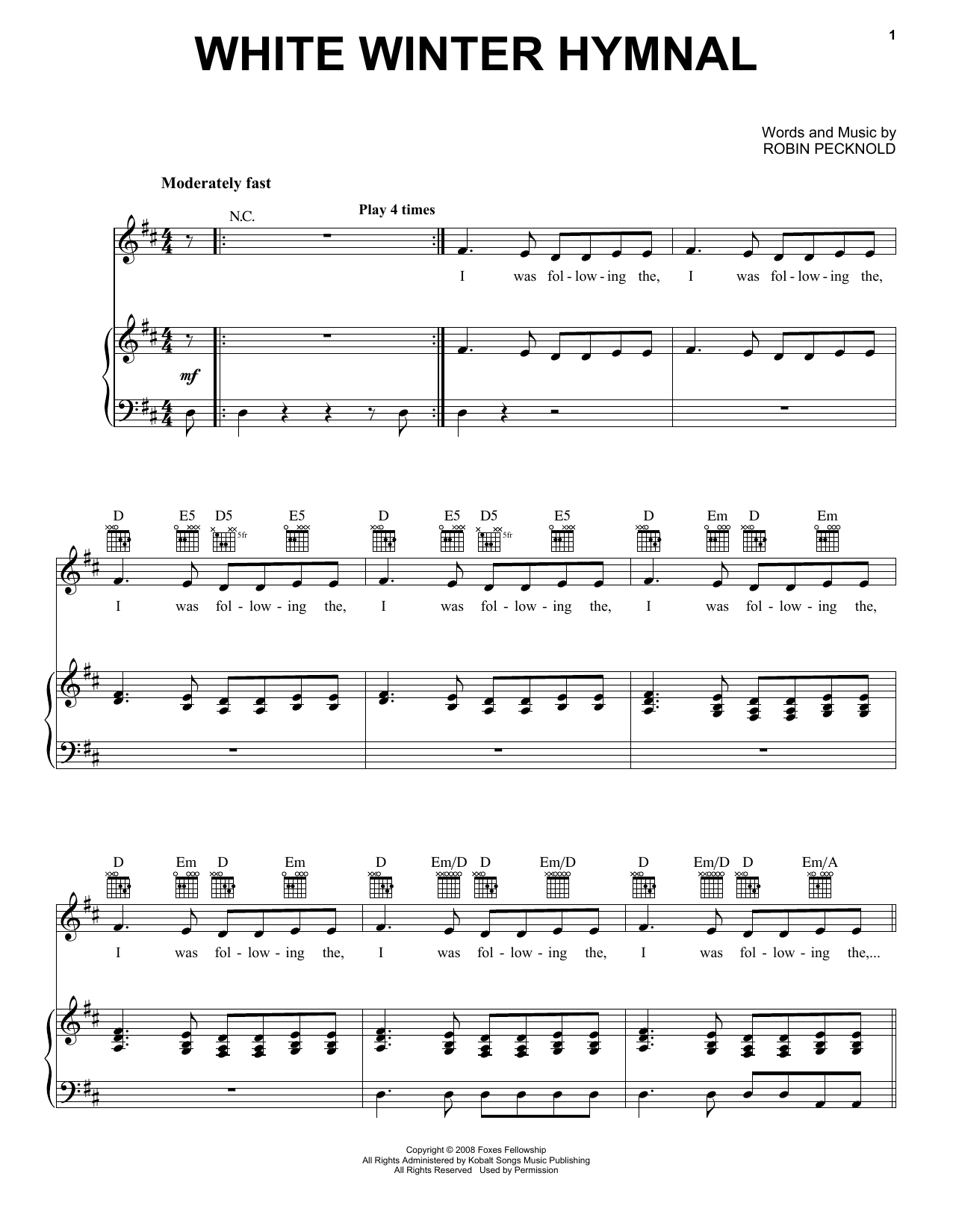 Pentatonix White Winter Hymnal Sheet Music Notes & Chords for Piano, Vocal & Guitar (Right-Hand Melody) - Download or Print PDF