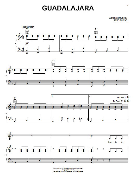 Pepe Guizar Guadalajara Sheet Music Notes & Chords for Piano, Vocal & Guitar (Right-Hand Melody) - Download or Print PDF