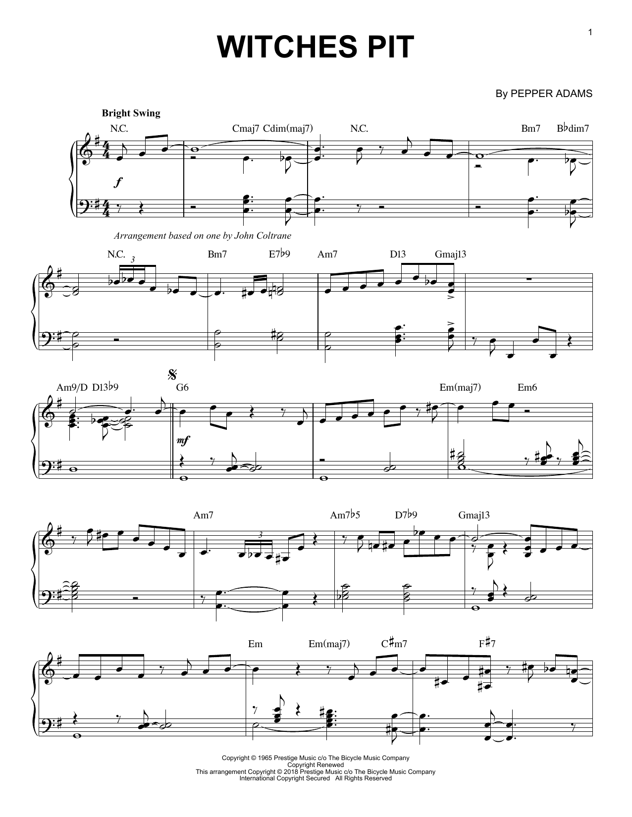 Pepper Adams Witches Pit Sheet Music Notes & Chords for Piano - Download or Print PDF
