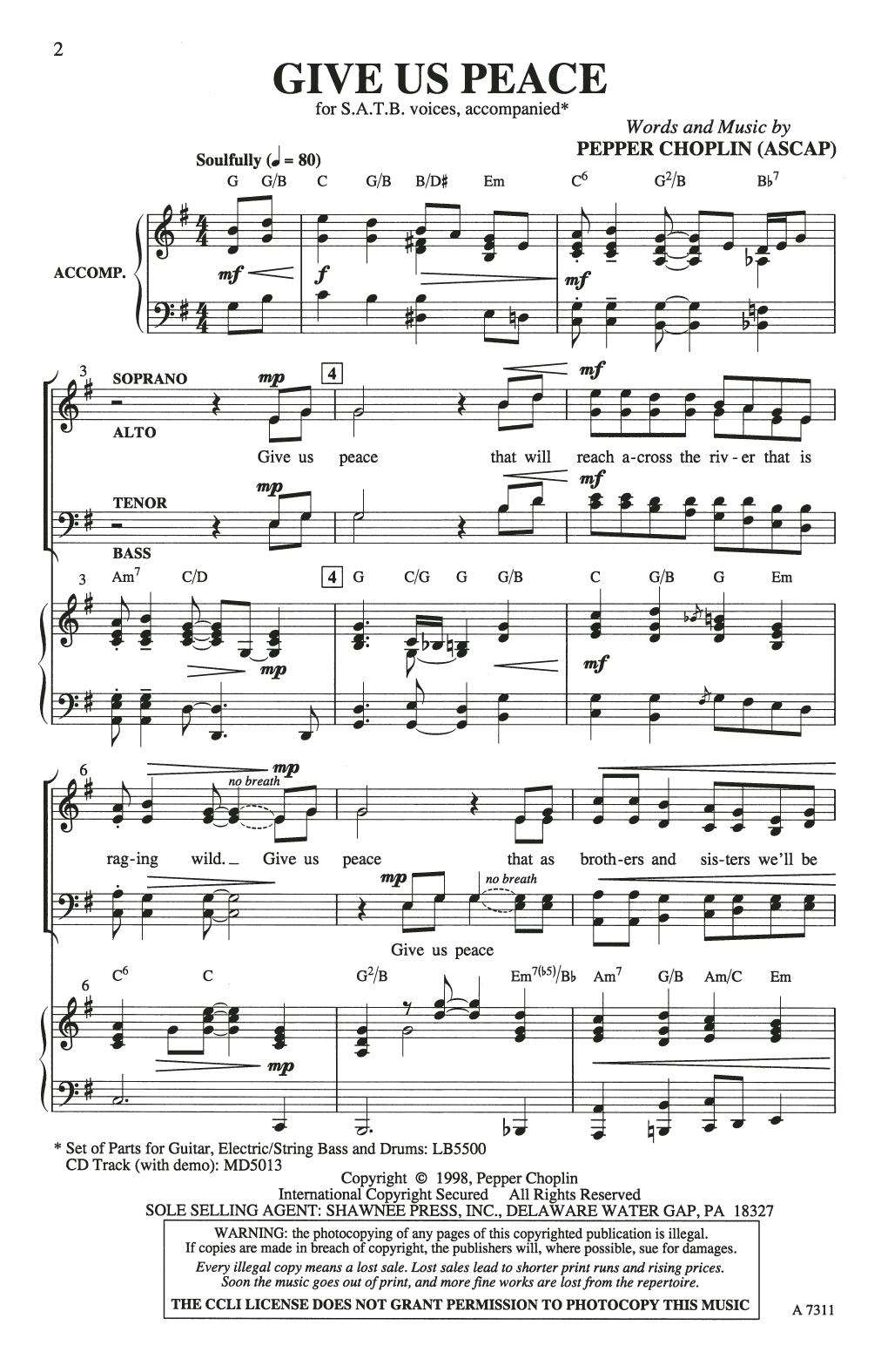 Pepper Choplin Give Us Peace Sheet Music Notes & Chords for SATB Choir - Download or Print PDF