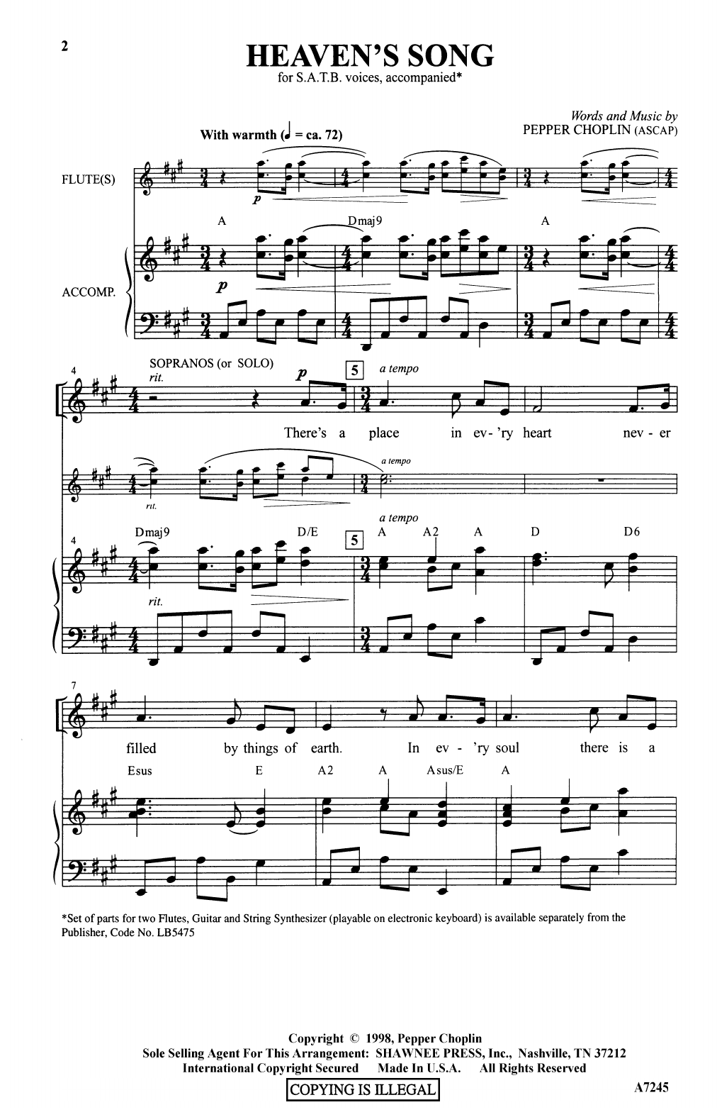 Pepper Choplin Heaven's Song Sheet Music Notes & Chords for SATB Choir - Download or Print PDF