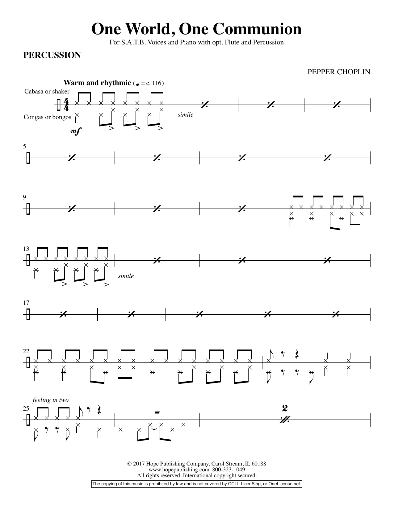Pepper Choplin One World Communion - Percussion Sheet Music Notes & Chords for Choir Instrumental Pak - Download or Print PDF