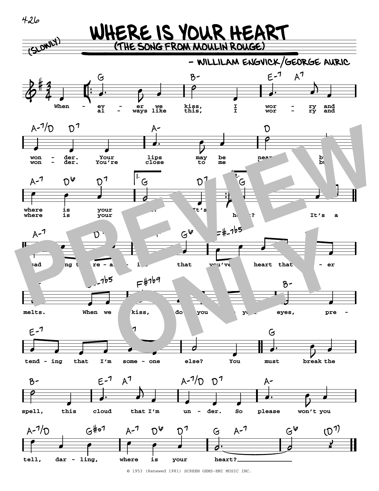 Percy Faith and His Orchestra Where Is Your Heart (from Moulin Rouge) (High Voice) Sheet Music Notes & Chords for Real Book – Melody, Lyrics & Chords - Download or Print PDF