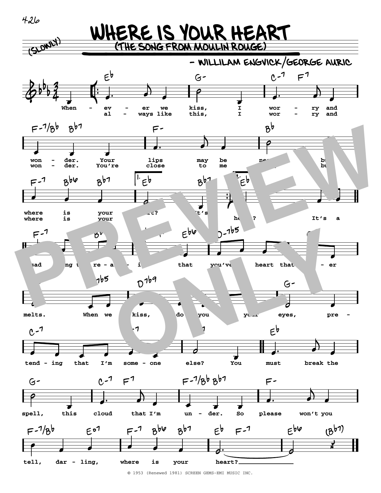 Percy Faith and His Orchestra Where Is Your Heart (The Song From Moulin Rouge) (Low Voice) Sheet Music Notes & Chords for Real Book – Melody, Lyrics & Chords - Download or Print PDF