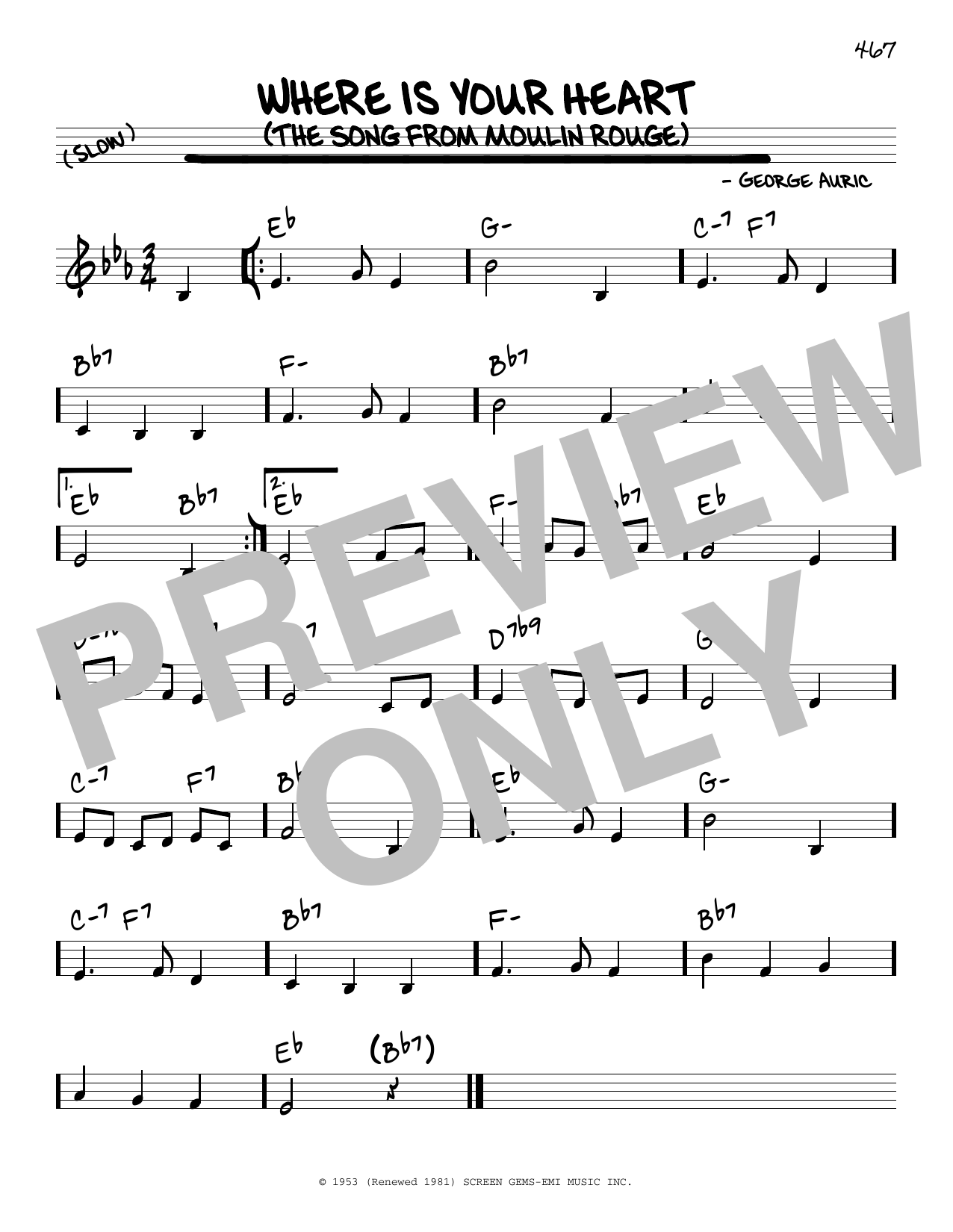 Percy Faith and His Orchestra Where Is Your Heart (The Song From Moulin Rouge) Sheet Music Notes & Chords for Real Book – Melody & Chords - Download or Print PDF