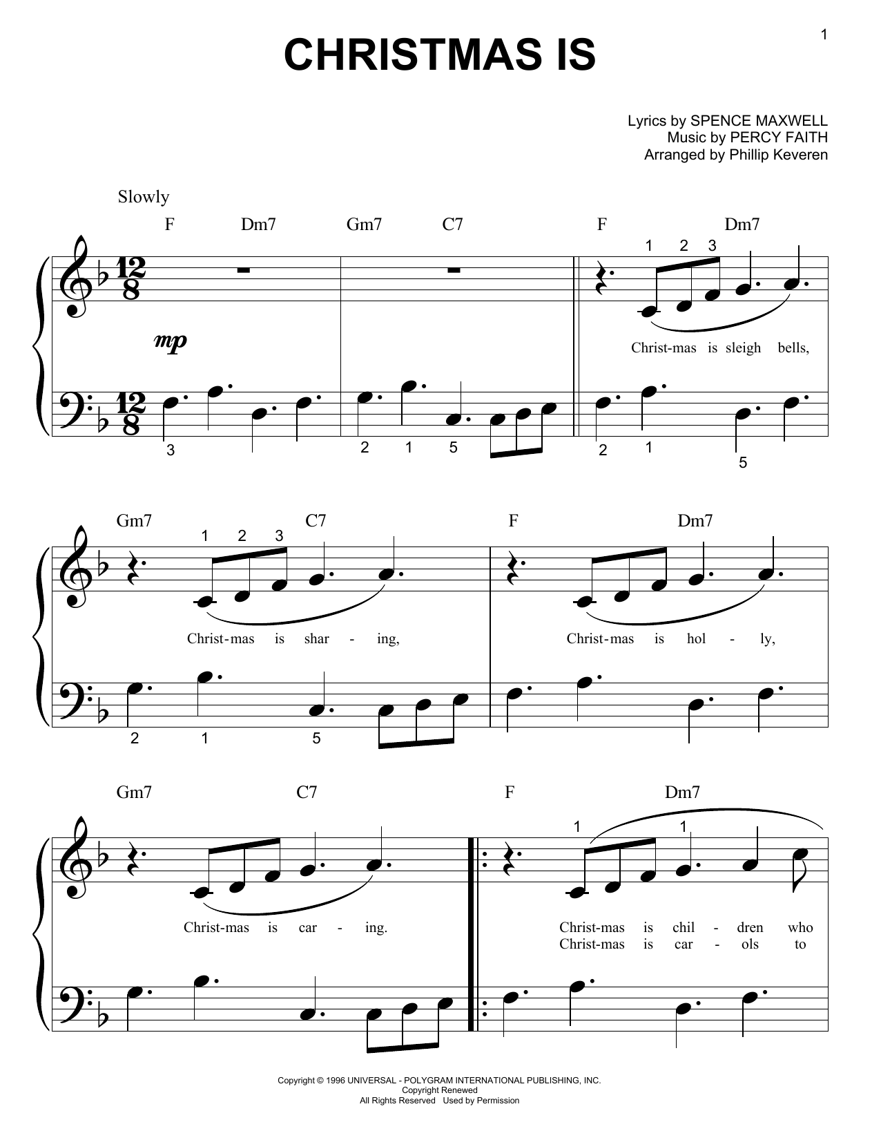 Percy Faith Christmas Is Sheet Music Notes & Chords for Piano (Big Notes) - Download or Print PDF