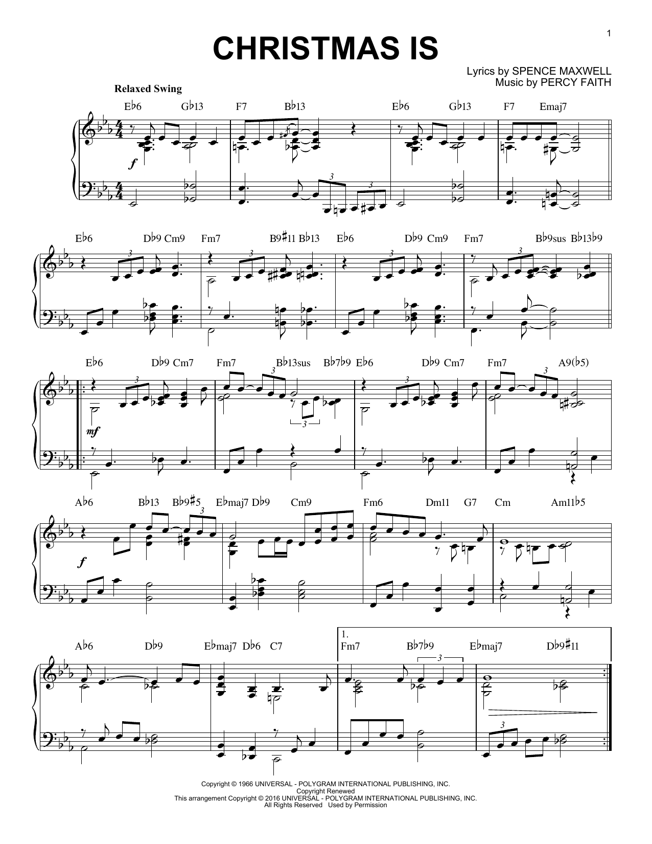 Percy Faith Christmas Is [Jazz version] (arr. Brent Edstrom) Sheet Music Notes & Chords for Piano - Download or Print PDF