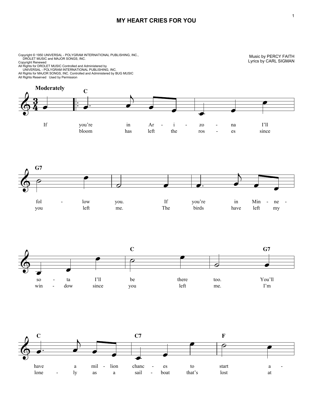 Percy Faith My Heart Cries For You Sheet Music Notes & Chords for Melody Line, Lyrics & Chords - Download or Print PDF