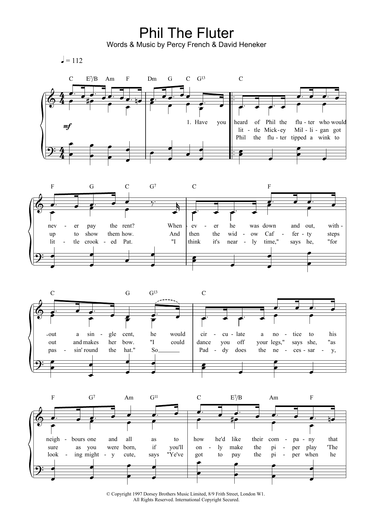 Percy French Phil The Fluter Sheet Music Notes & Chords for Piano, Vocal & Guitar (Right-Hand Melody) - Download or Print PDF