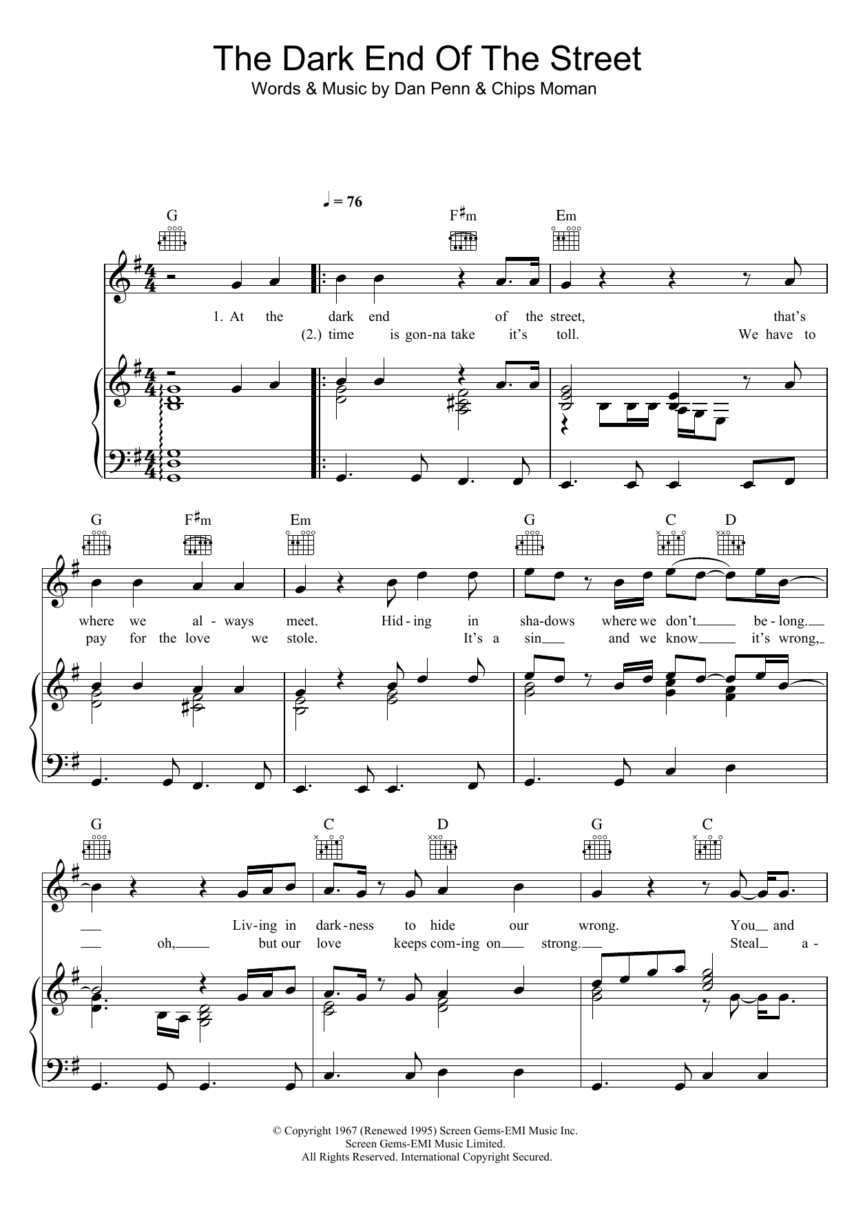 Percy Sledge The Dark End Of The Street Sheet Music Notes & Chords for Piano, Vocal & Guitar (Right-Hand Melody) - Download or Print PDF