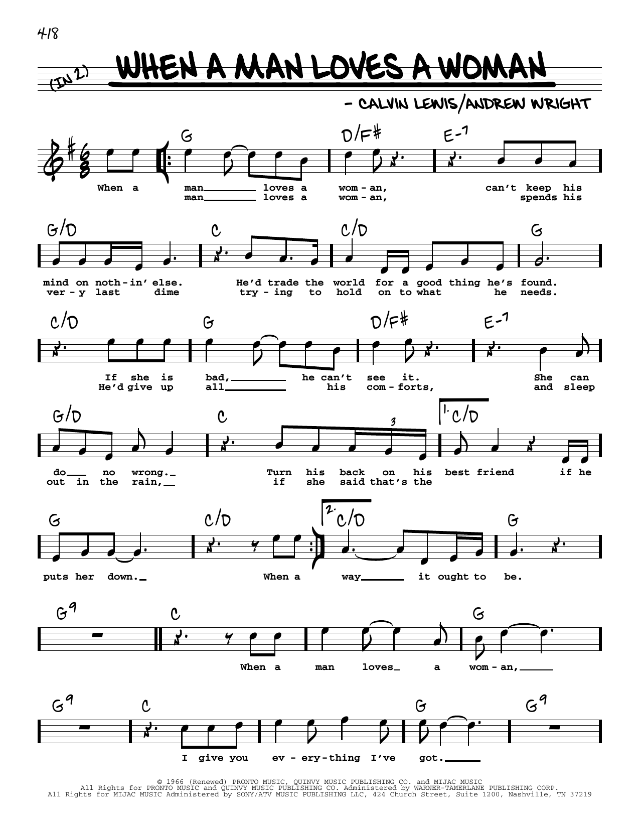 Percy Sledge When A Man Loves A Woman (High Voice) Sheet Music Notes & Chords for Real Book – Melody, Lyrics & Chords - Download or Print PDF